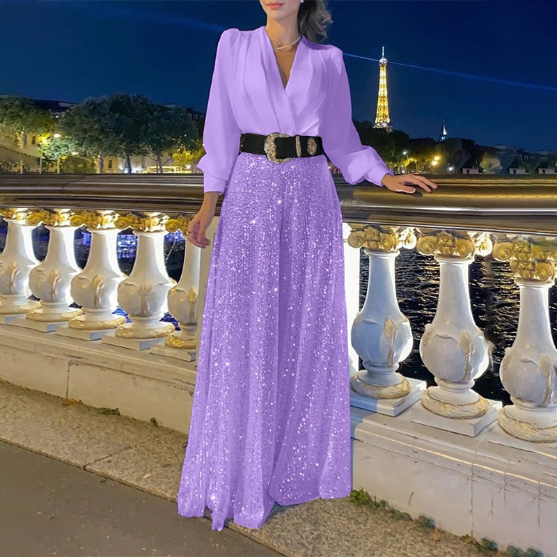 Dress woman – V-neck – Long sleeves – Fitted fit – Glittering maxi length
