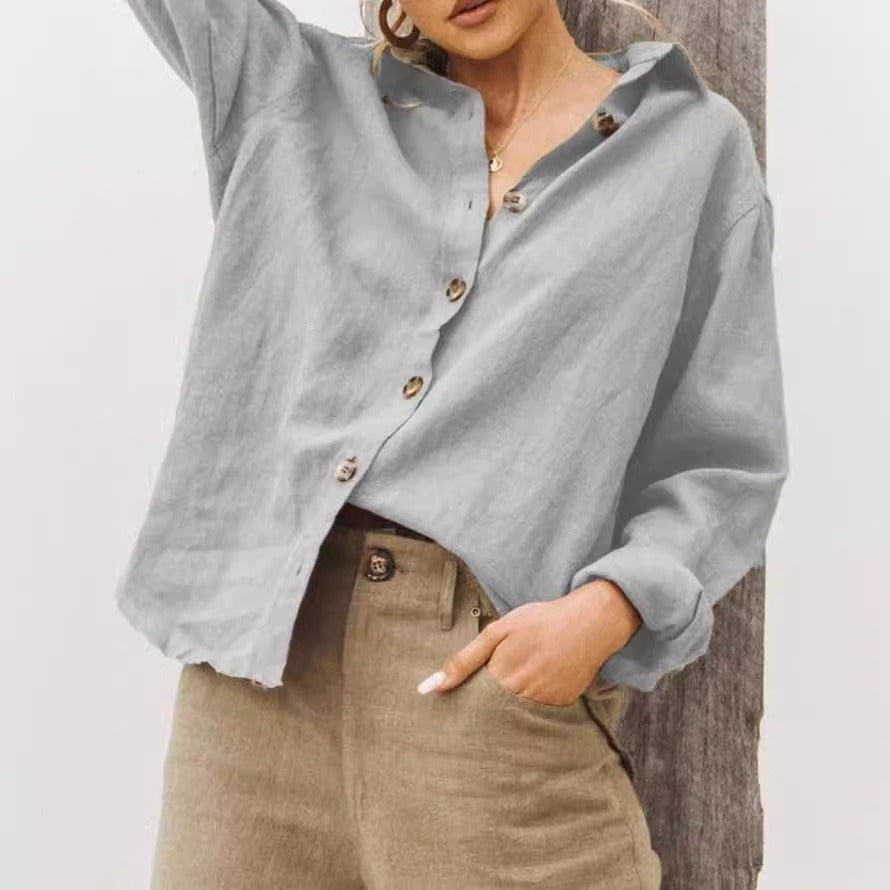 Women's Shirt – Loose Fit – Cotton Linen – Long Sleeve – Buttons – Collar