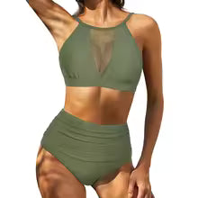 Women's Bikini Set – High Waist – Lace-Up Back – Halterneck with Cut-Out – Breathable Fabric
