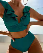 Women's Bikini Set – Ruffled V-neck – High Waist – Breathable Elastic Fabric