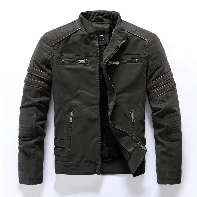 Men's Biker Jacket – Slim Fit – Quilted Shoulders – Zipper Closure – Stand Collar