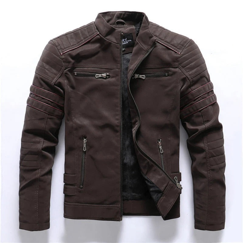 Men's Biker Jacket – Slim Fit – Quilted Shoulders – Zipper Closure – Stand Collar