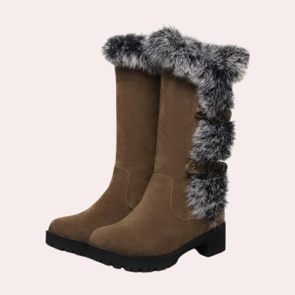 Women's Boots – Knee-Length – Suede Look – Faux Fur Trim – Buckle – Chunky Sole