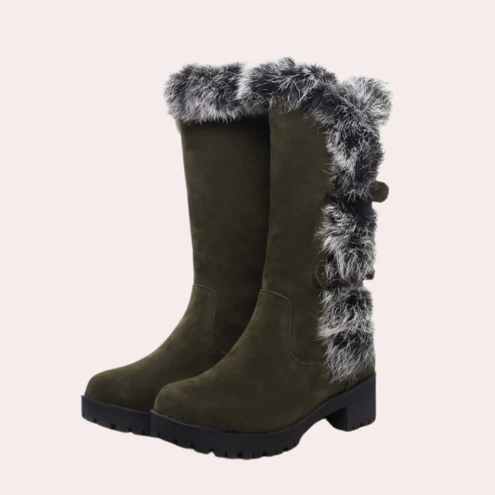 Women's Boots – Knee-Length – Suede Look – Faux Fur Trim – Buckle – Chunky Sole