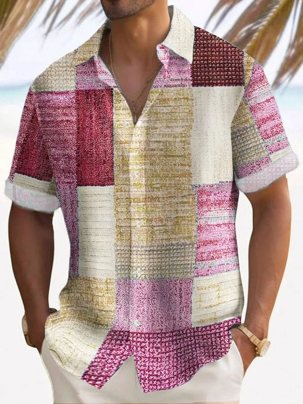 Men's Shirt with Short Sleeves – Relaxed Fit – Linen and Cotton – Patchwork Design