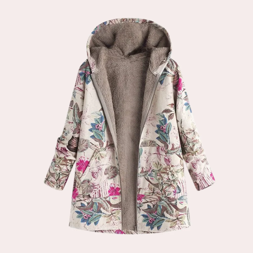 Women's Hoodie – Relaxed Fit – Floral Print – Fur-Lined Inside – Hip Length