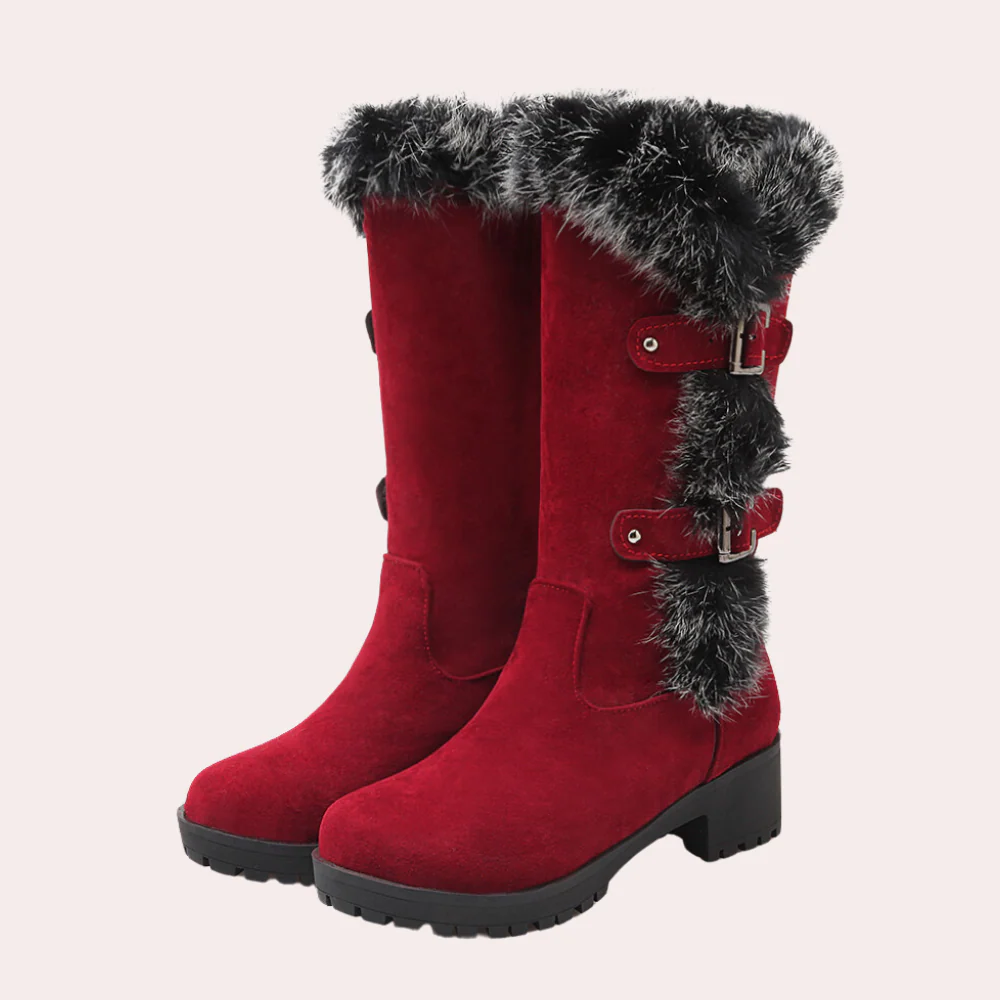 Women's Boots – Knee-Length – Suede Look – Faux Fur Trim – Buckle – Chunky Sole