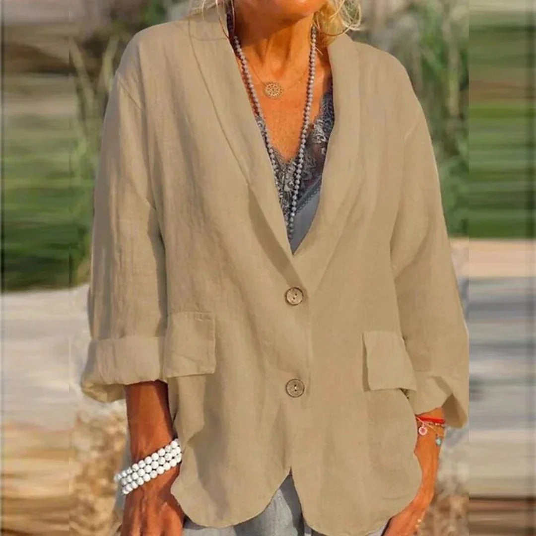 Women's Jacket – Relaxed Fit – Linen Texture – Notch Collar – Long Sleeves