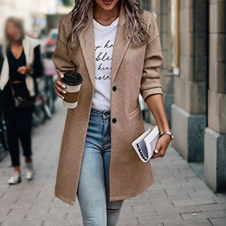 Women's Coat – Tailored Fit – Wool Feel – Knee Length – Structured Collar