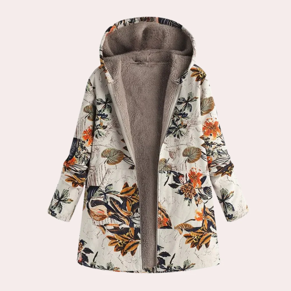 Women's Hoodie – Relaxed Fit – Floral Print – Fur-Lined Inside – Hip Length