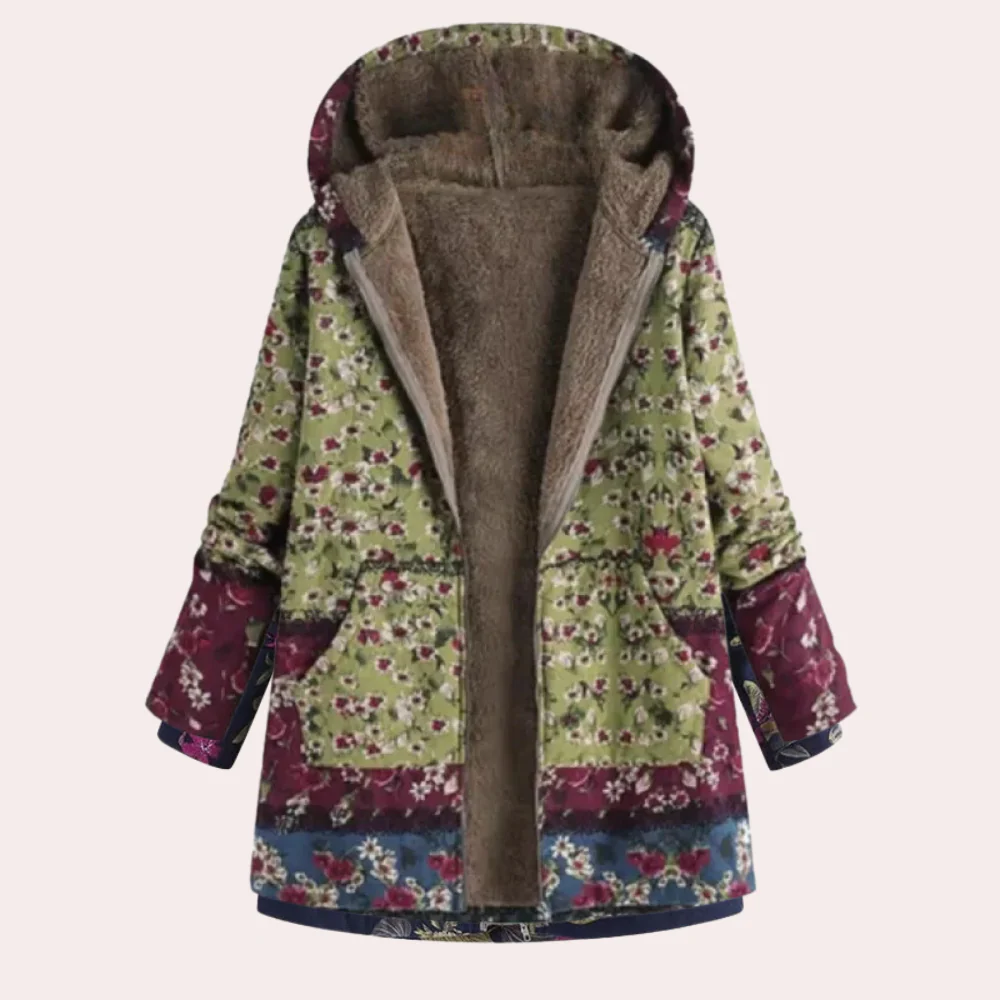 Women's Hoodie – Relaxed Fit – Floral Print – Fur-Lined Inside – Hip Length