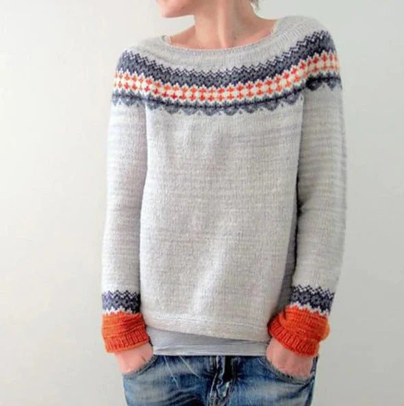 Women's Sweater – Wool Knit – Relaxed Fit – Geometric Pattern – Long Sleeves
