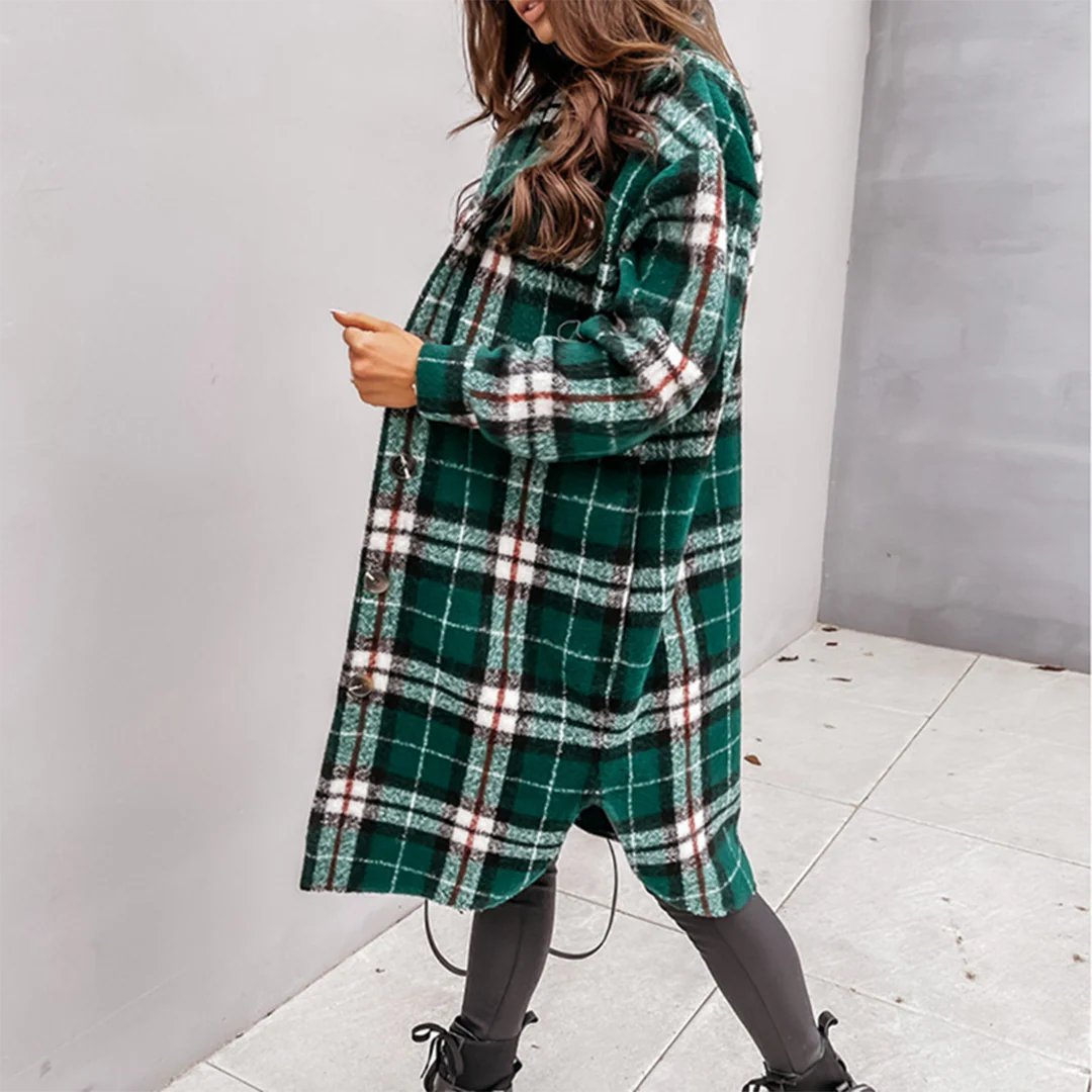 Women's Long Coat – Relaxed Fit – Check Pattern – Wool-Like Soft Fabric
