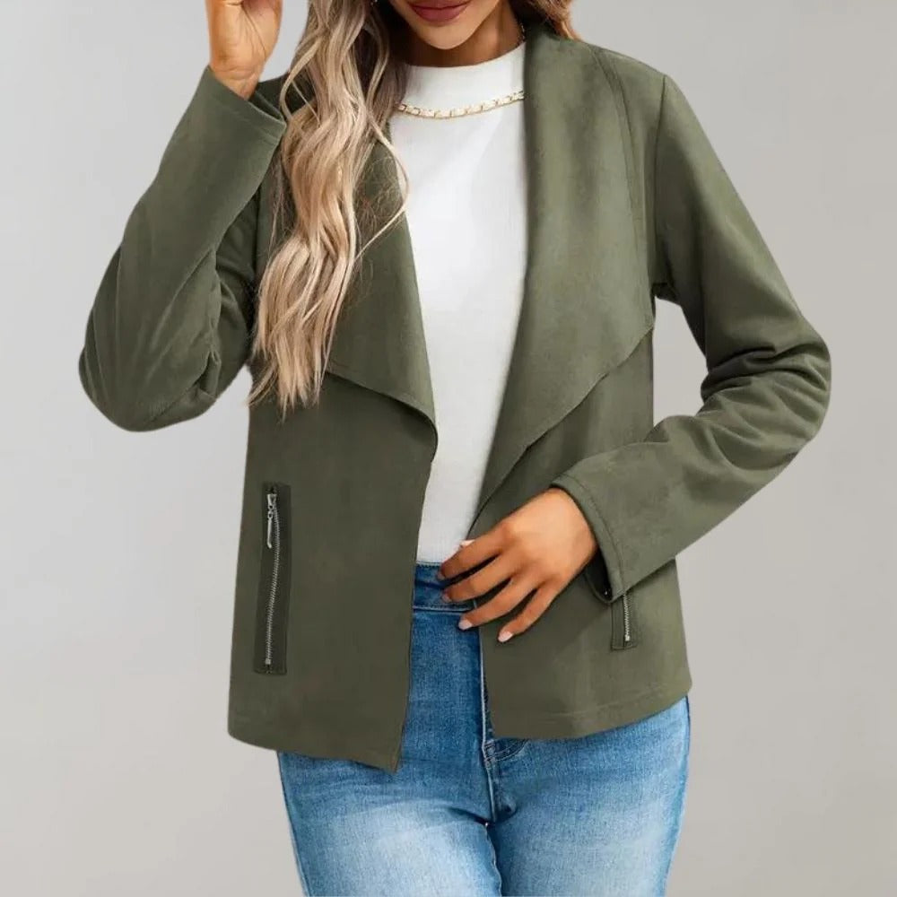 Women's Jacket – Suede Leather – Slim Fit – Draped Open Front – Full Sleeve