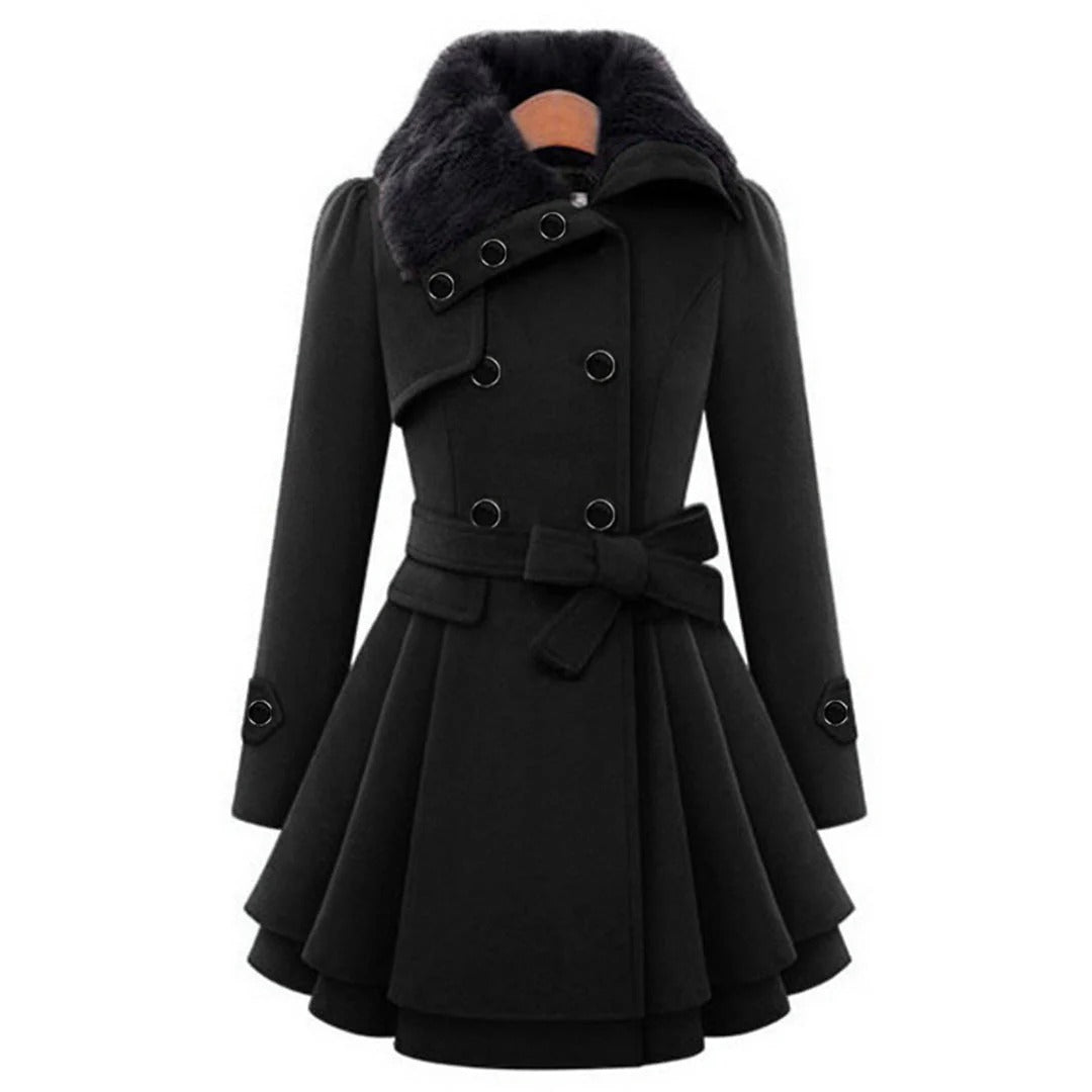 Women's Coat – Tailored Fit – A-line – Double-breasted – Faux Fur Collar – Belt