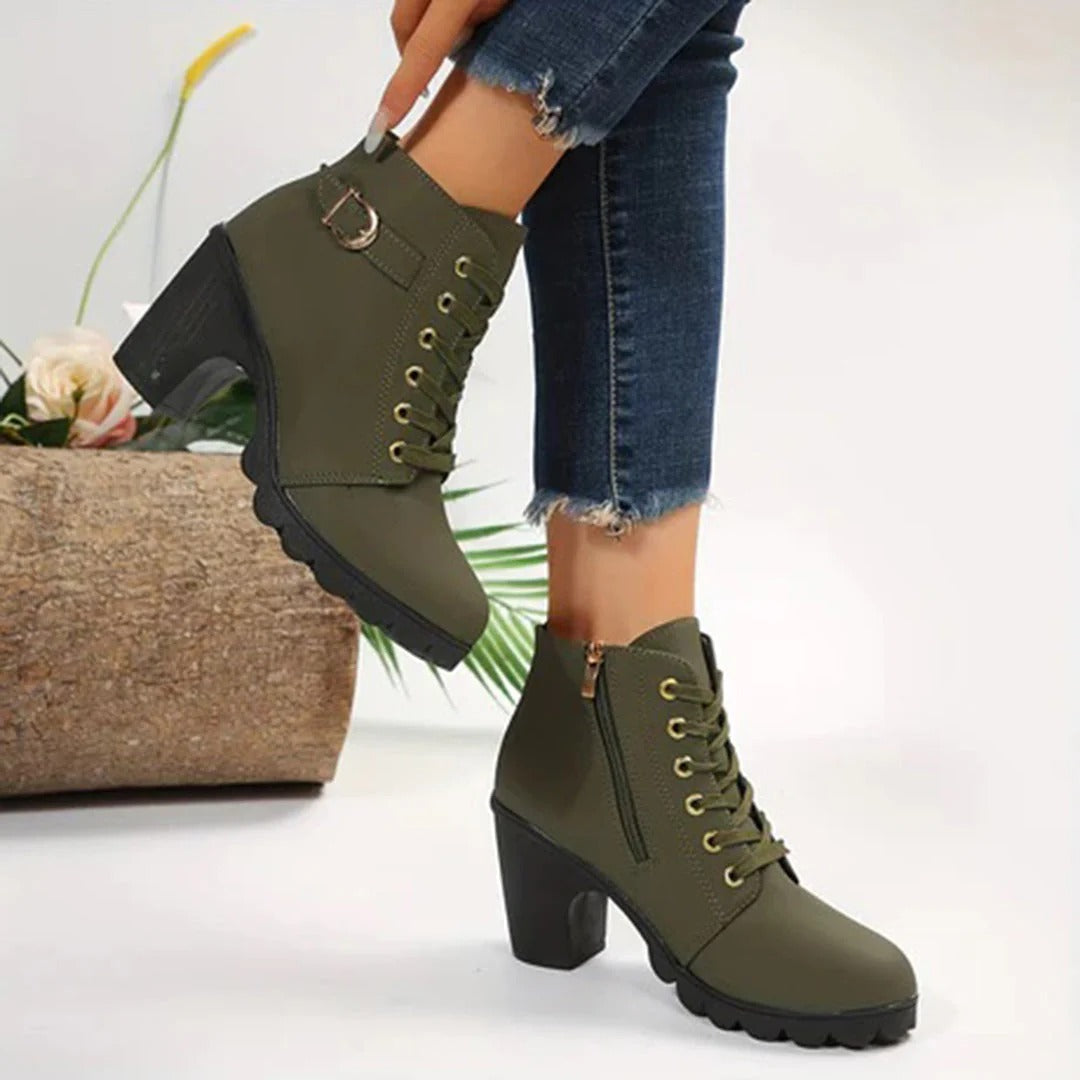Women's ankle boots – chunky heel and sole – lacing, zipper, and buckle