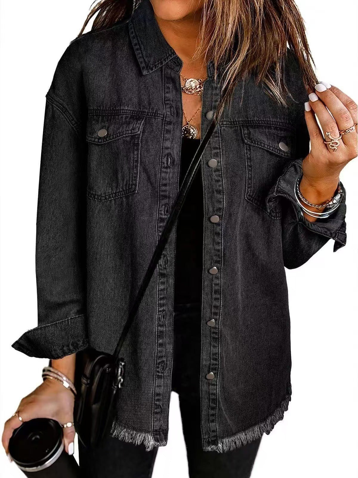 Women's Denim Jacket – Relaxed Fit – Fringed Hem – Buttons and Chest Pockets