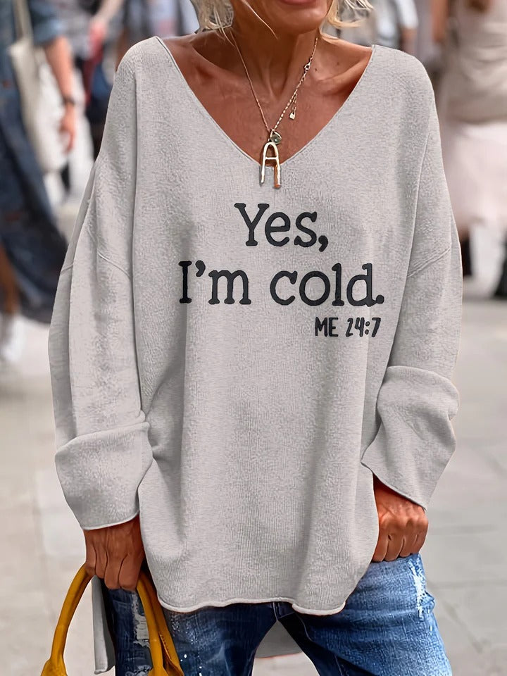 Women's Sweater – Oversized Fit – Soft Knit – V-neck – Text Print – Long Sleeves