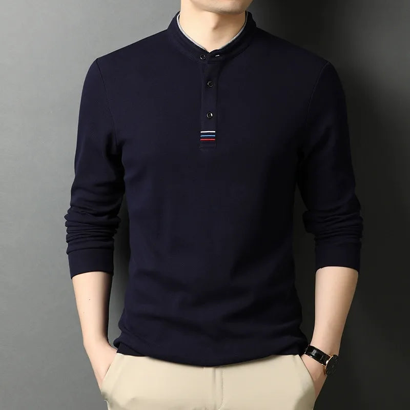 Men's Long-Sleeve T-Shirt – Cotton – Regular Fit – Stand Collar – Button Opening