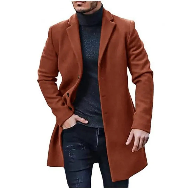 Men's Coat – Wool Blend – Tailored Fit – Mid-Length – Button Closure – Lapels
