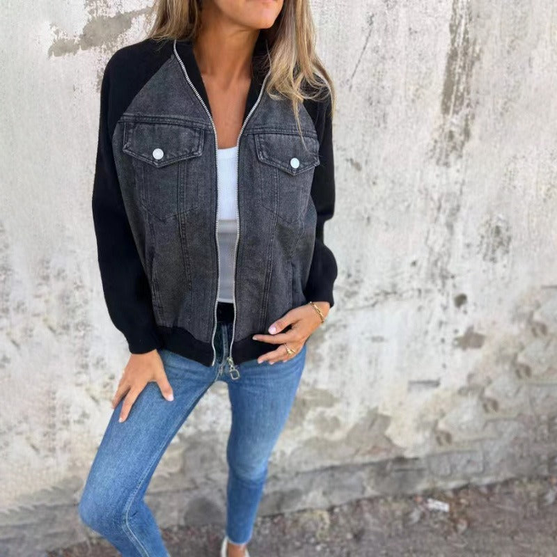 Women's Jacket in Denim – Relaxed Fit – Patchwork Design – Long Sleeves – Button Closure