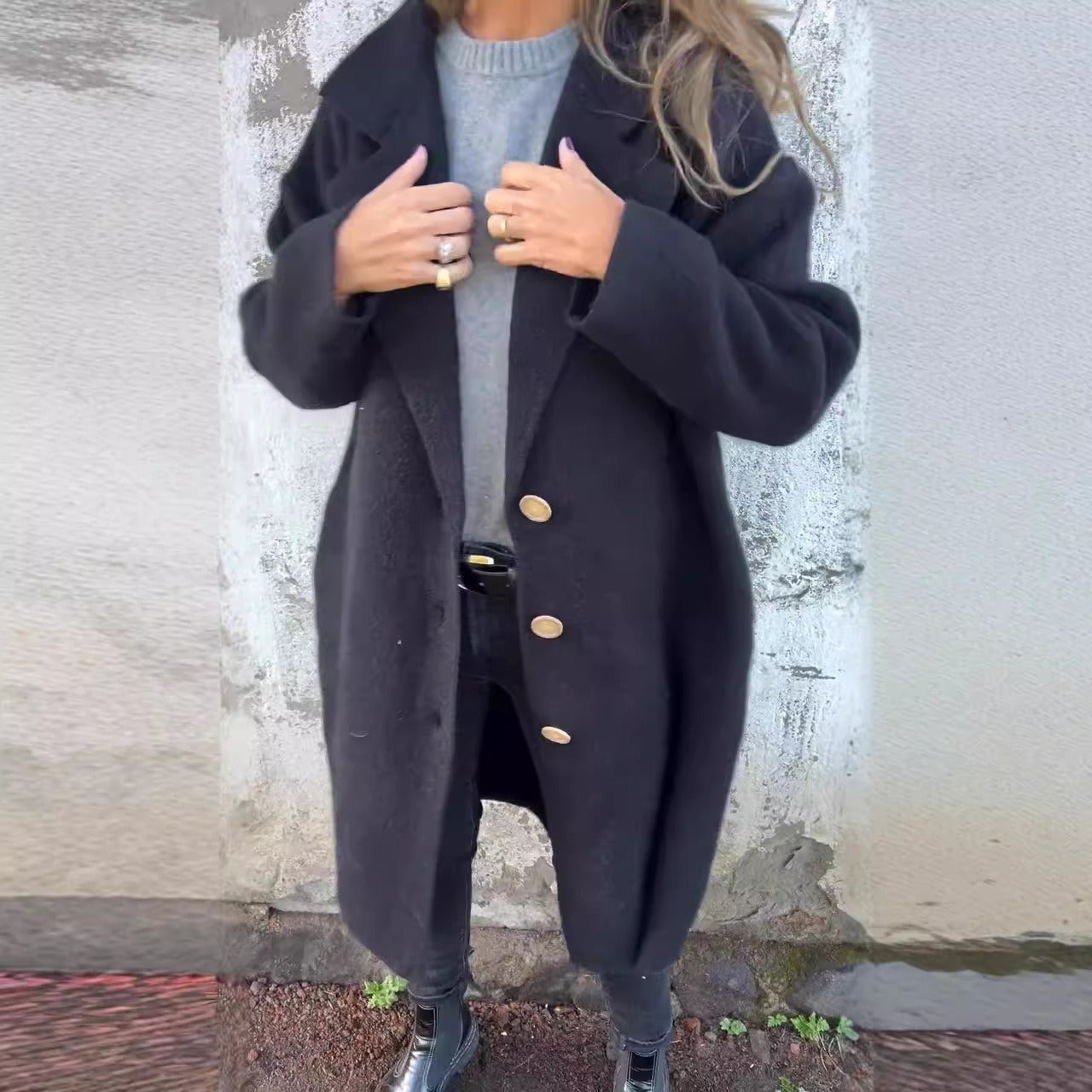 Women's Coat – Wool Material – Oversized Fit – Button Closure – Mid-Length