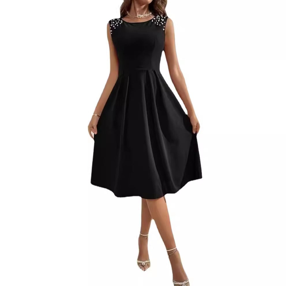 Dress for Women – Midi Length – Fitted Waist – A-line – Pearl Details on Shoulders