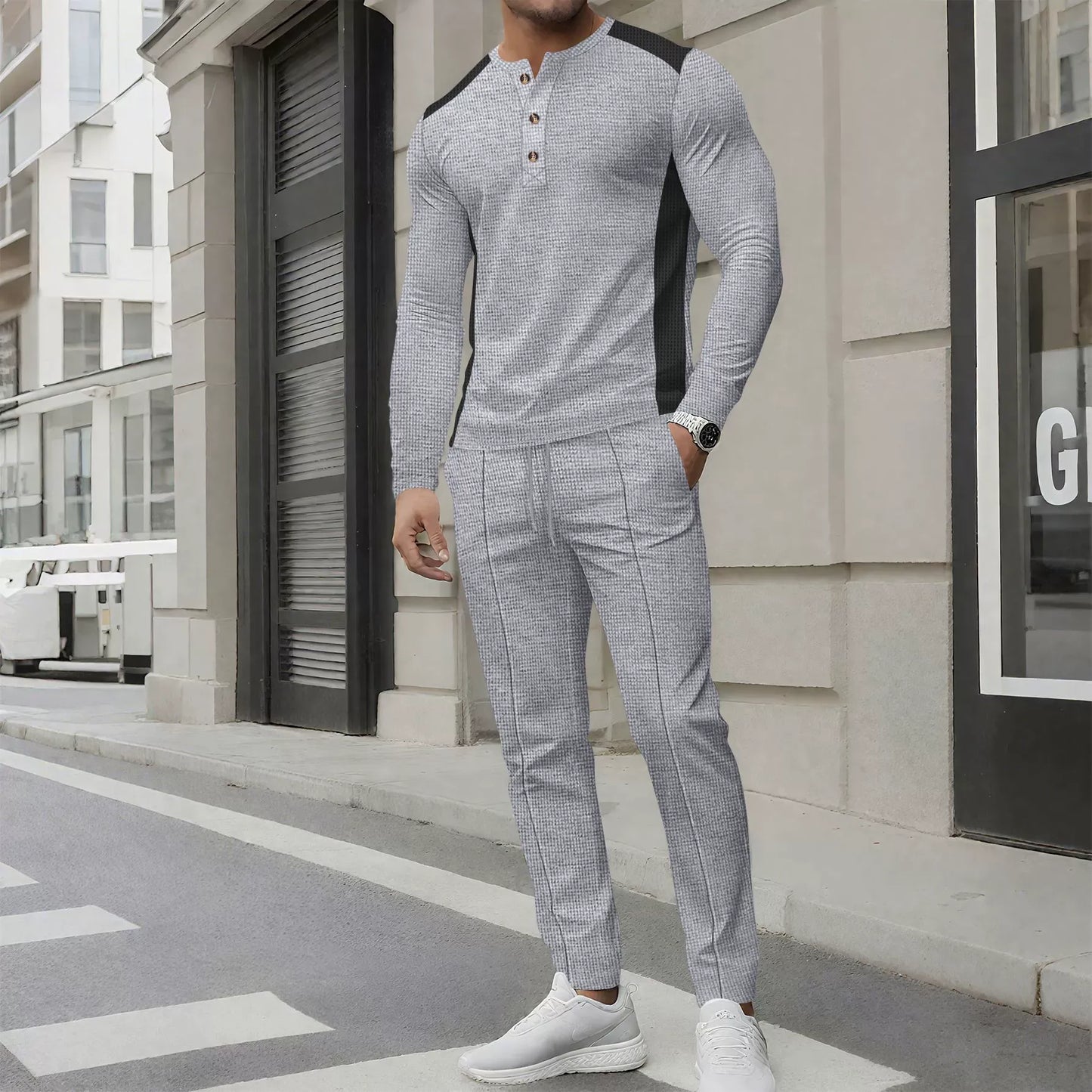 Men's Set with Henley Sweater and Pants – Slim Fit – Waffle Texture – Button Neck