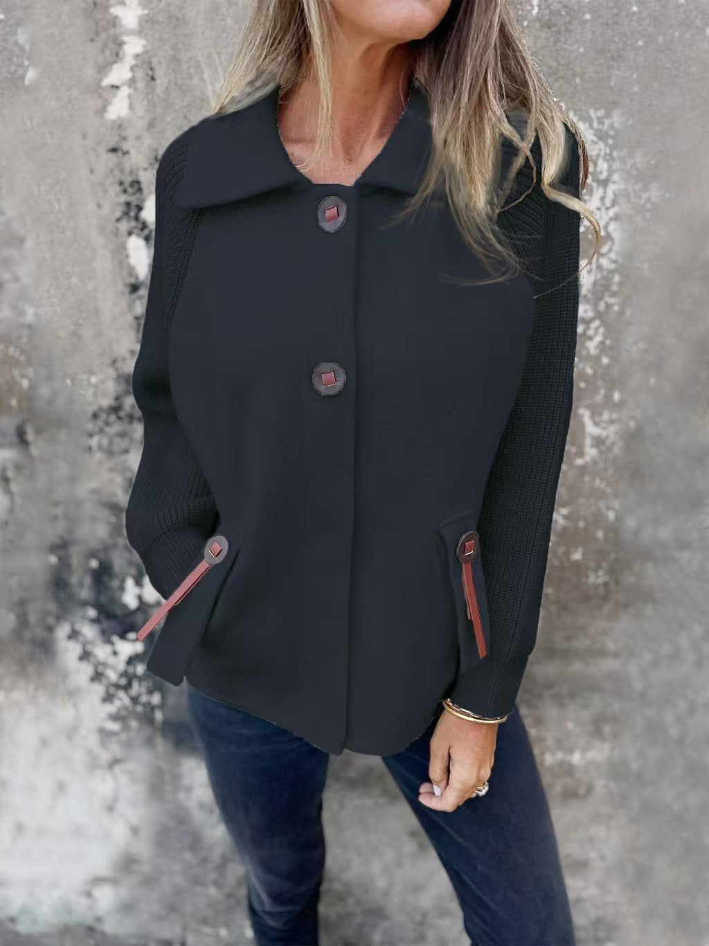Women's Jacket – Relaxed Fit – Ribbed Sleeves – Wide Collar – Knee Closure