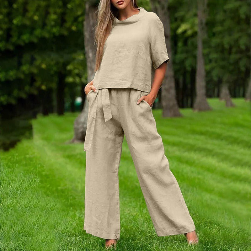 Women's Set with Top and Pants – Relaxed Fit – Wide Pants – Breathable Cotton Feel