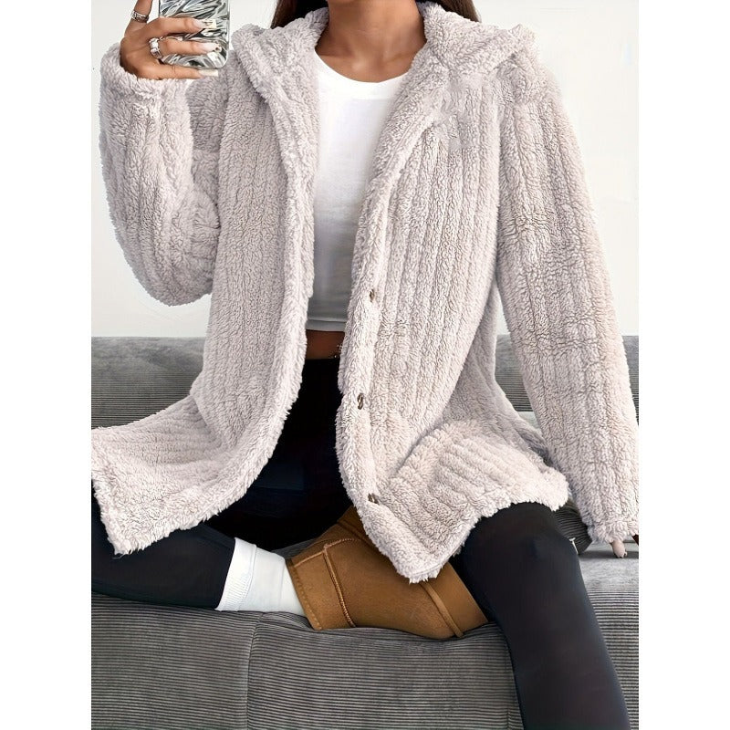 Women's Coat – Oversized Fit – Hood – Ribbed Texture – Soft Teddy Lining – Buttoning
