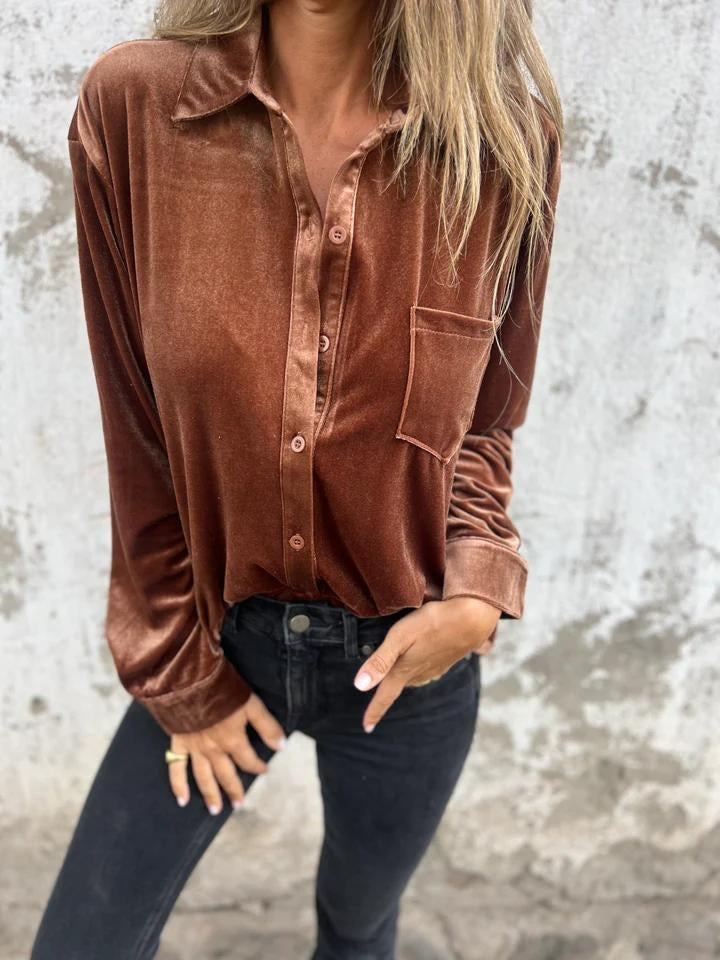 Women's Shirt – Velvet – Loose Fit – Long-Sleeved – Single-Breasted with Chest Pocket