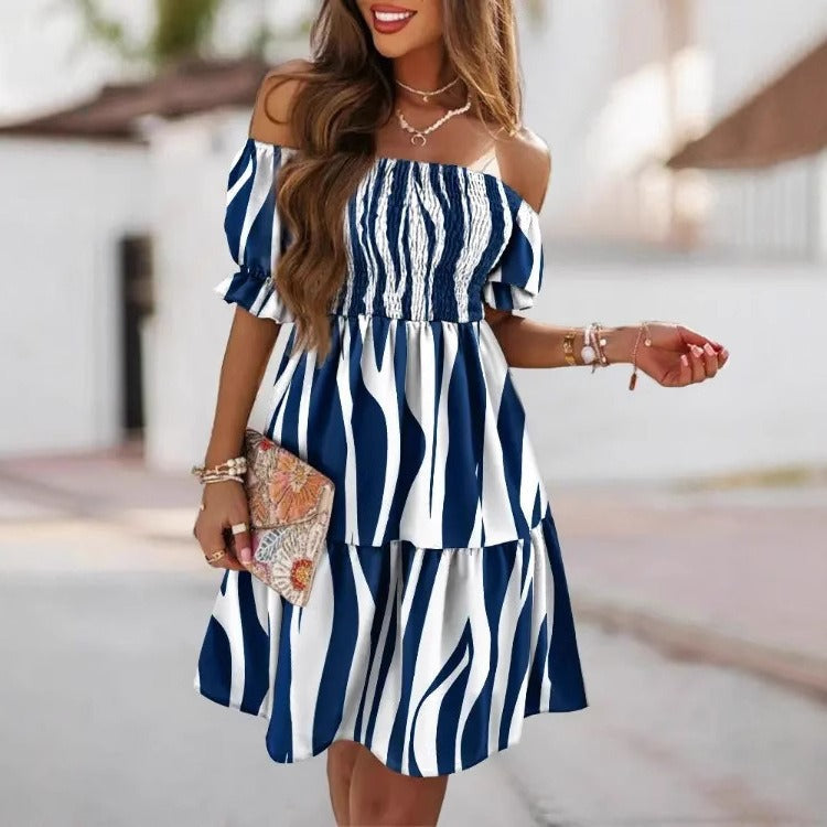 Dress for Women – One-Shoulder – A-Line Fit – Ruffled Sleeve – Printed Pattern