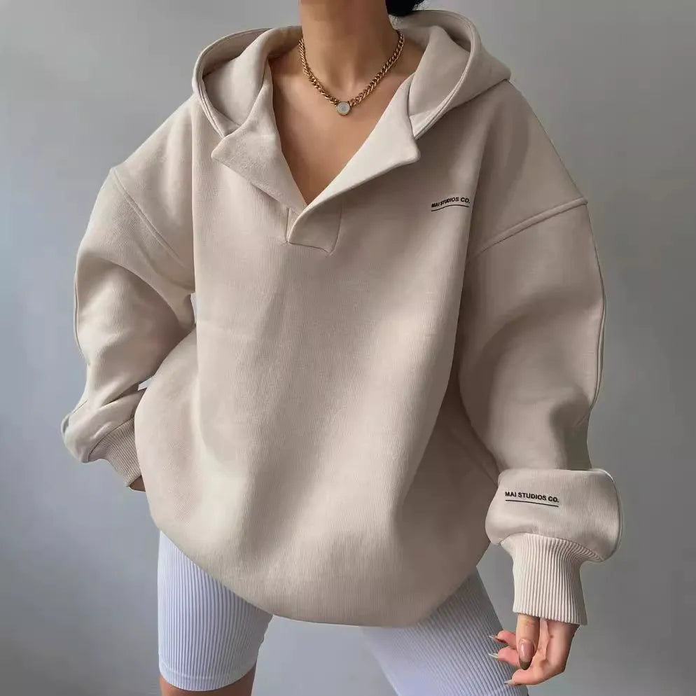 Women's Hoodie – Oversized Fit – Fleece – V-Neck – Ribbed Cuffs