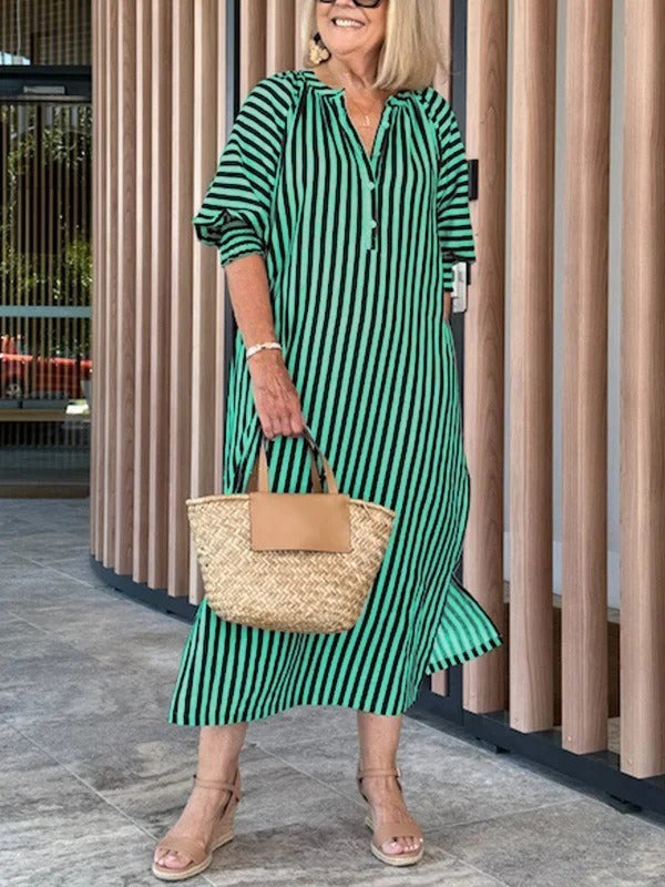 Dress woman – Midi length – Striped – V-neck – Ruffle sleeves – Relaxed fit – Cotton blend