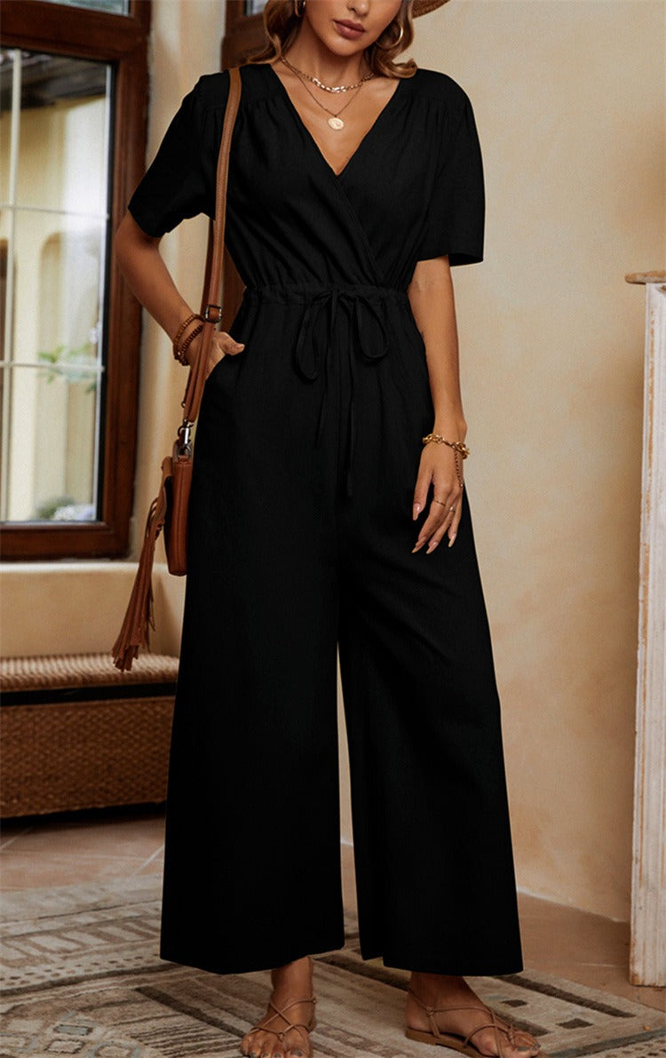 Women's jumpsuit – Linen cotton – V-neck – Waist tie – Wide leg – Short-sleeved