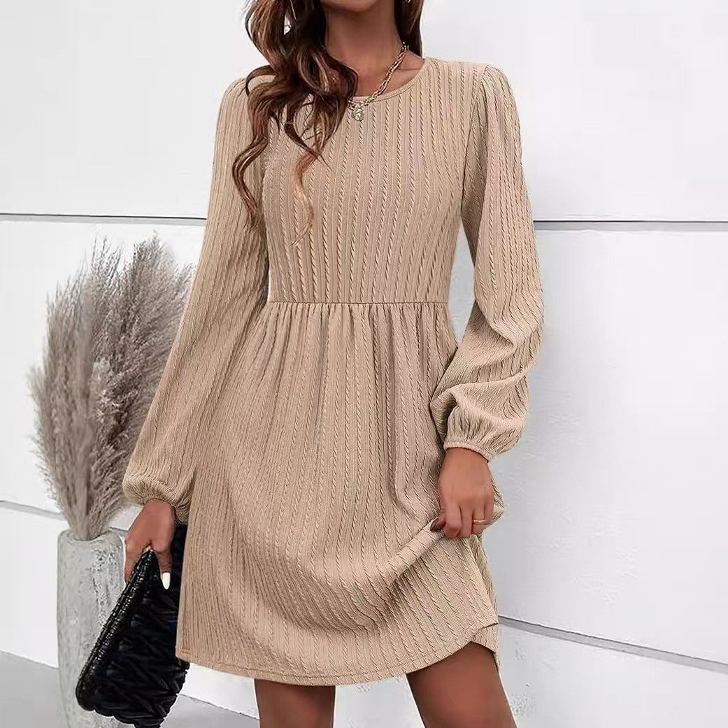Dress for Women – Knitted Jacquard – Fitted Waist – Long Puff Sleeves