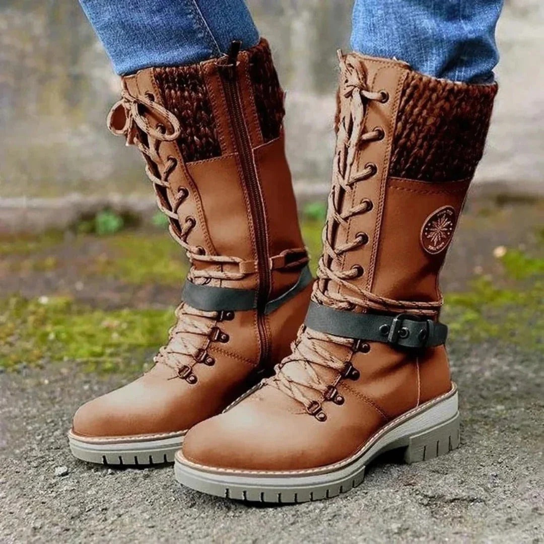 Women's High Boots – Front Lacing – Zipper – Wool Cuff – Buckle Details
