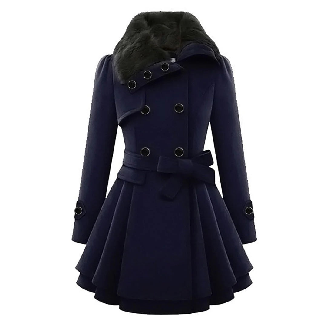 Women's Coat – Tailored Fit – A-line – Double-breasted – Faux Fur Collar – Belt