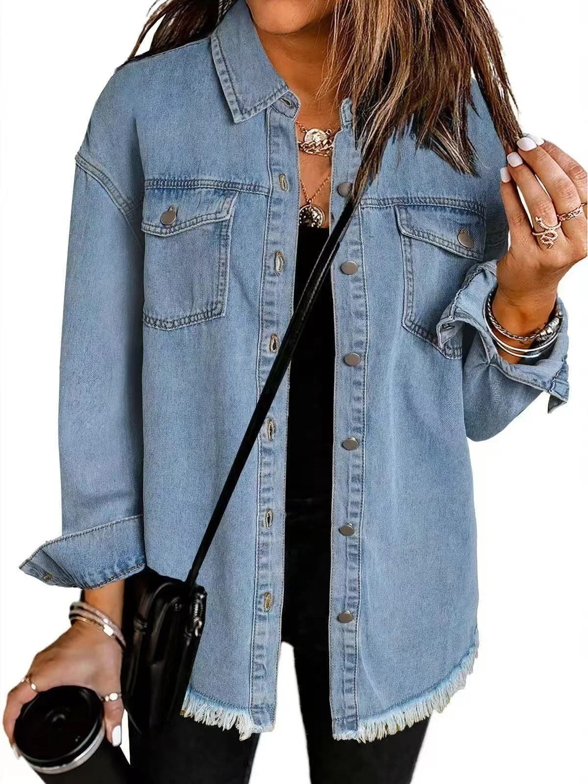 Women's Denim Jacket – Relaxed Fit – Fringed Hem – Buttons and Chest Pockets