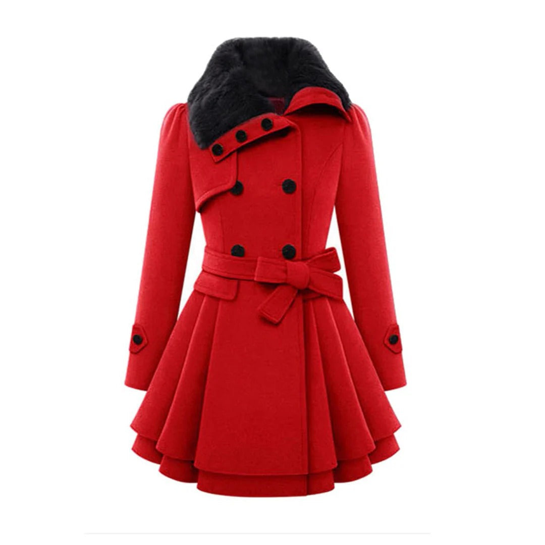 Women's Coat – Tailored Fit – A-line – Double-breasted – Faux Fur Collar – Belt