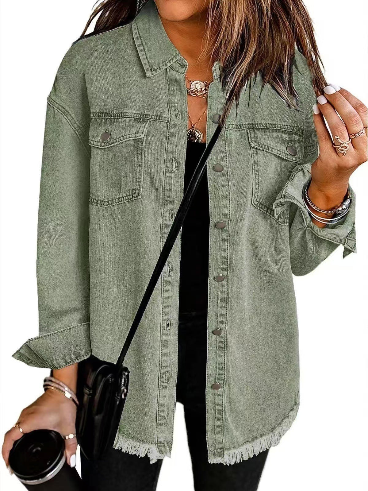 Women's Denim Jacket – Relaxed Fit – Fringed Hem – Buttons and Chest Pockets