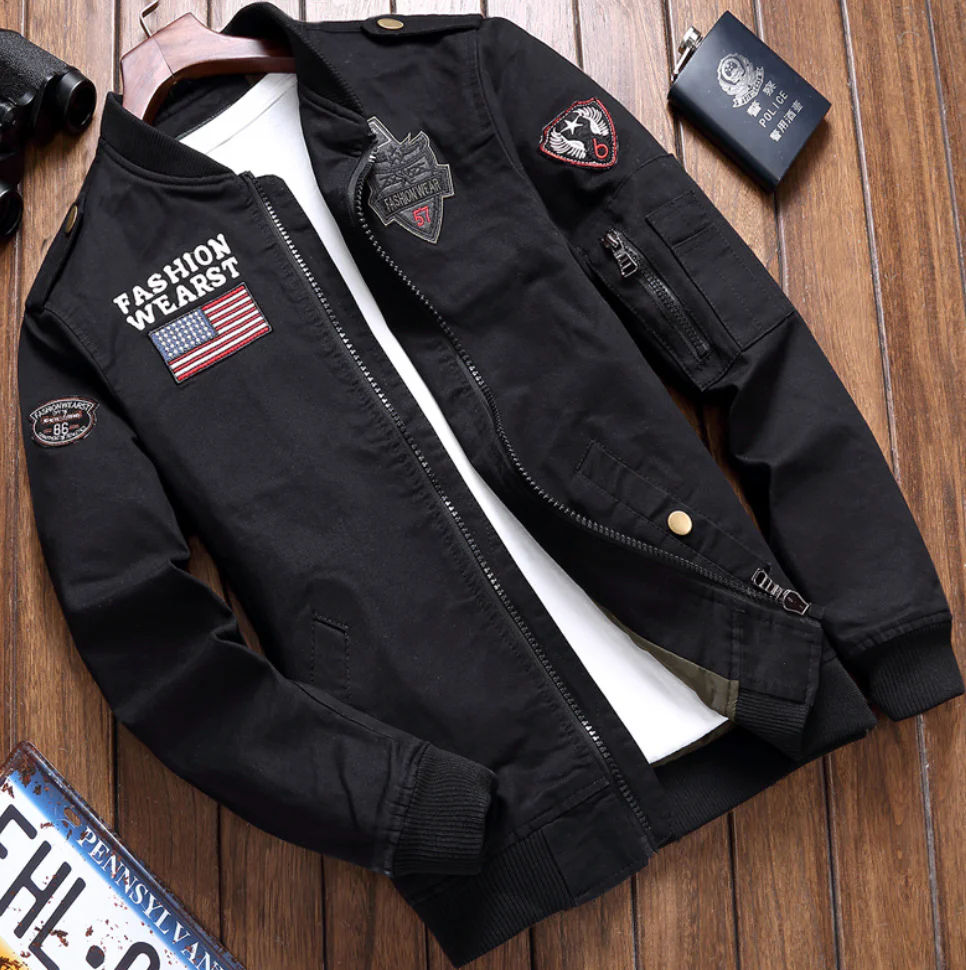 Men's Military Jacket – Structured Fit – Embroidered Details – Zipper Closure