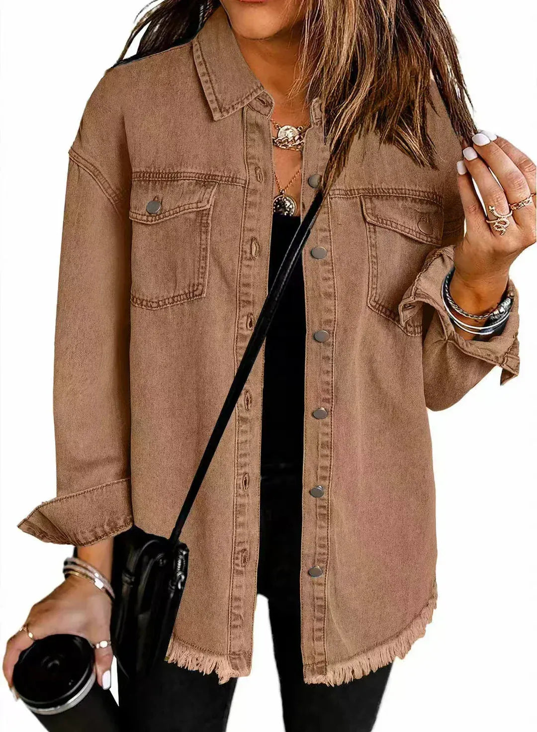 Women's Denim Jacket – Relaxed Fit – Fringed Hem – Buttons and Chest Pockets