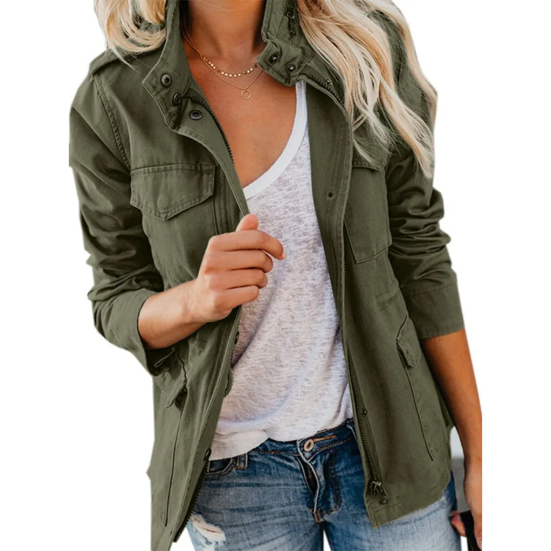 Women's Jacket – Structured Fit – Zipper and Snap Buttons – Cotton – Hip Length