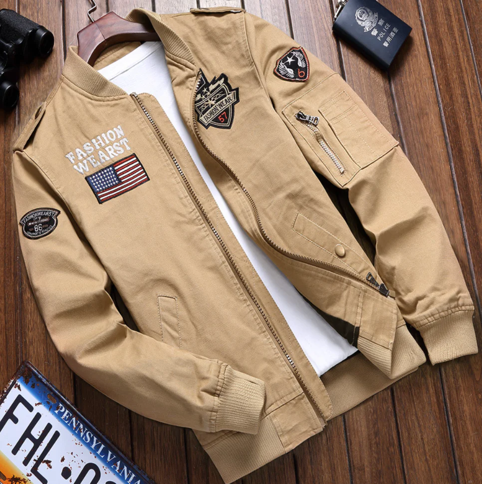 Men's Military Jacket – Structured Fit – Embroidered Details – Zipper Closure
