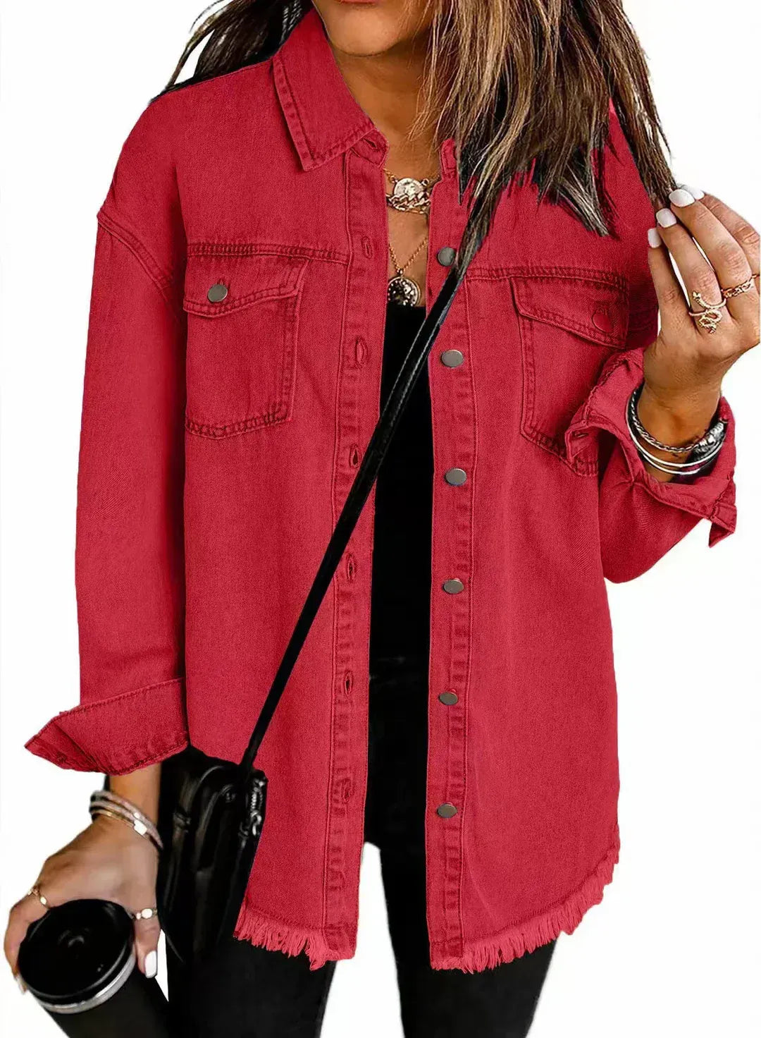 Women's Denim Jacket – Relaxed Fit – Fringed Hem – Buttons and Chest Pockets