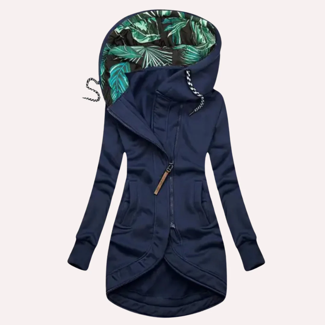 Women's Fleece Jacket – Slim Fit – Hood with Patterned Lining – Asymmetric Zipper