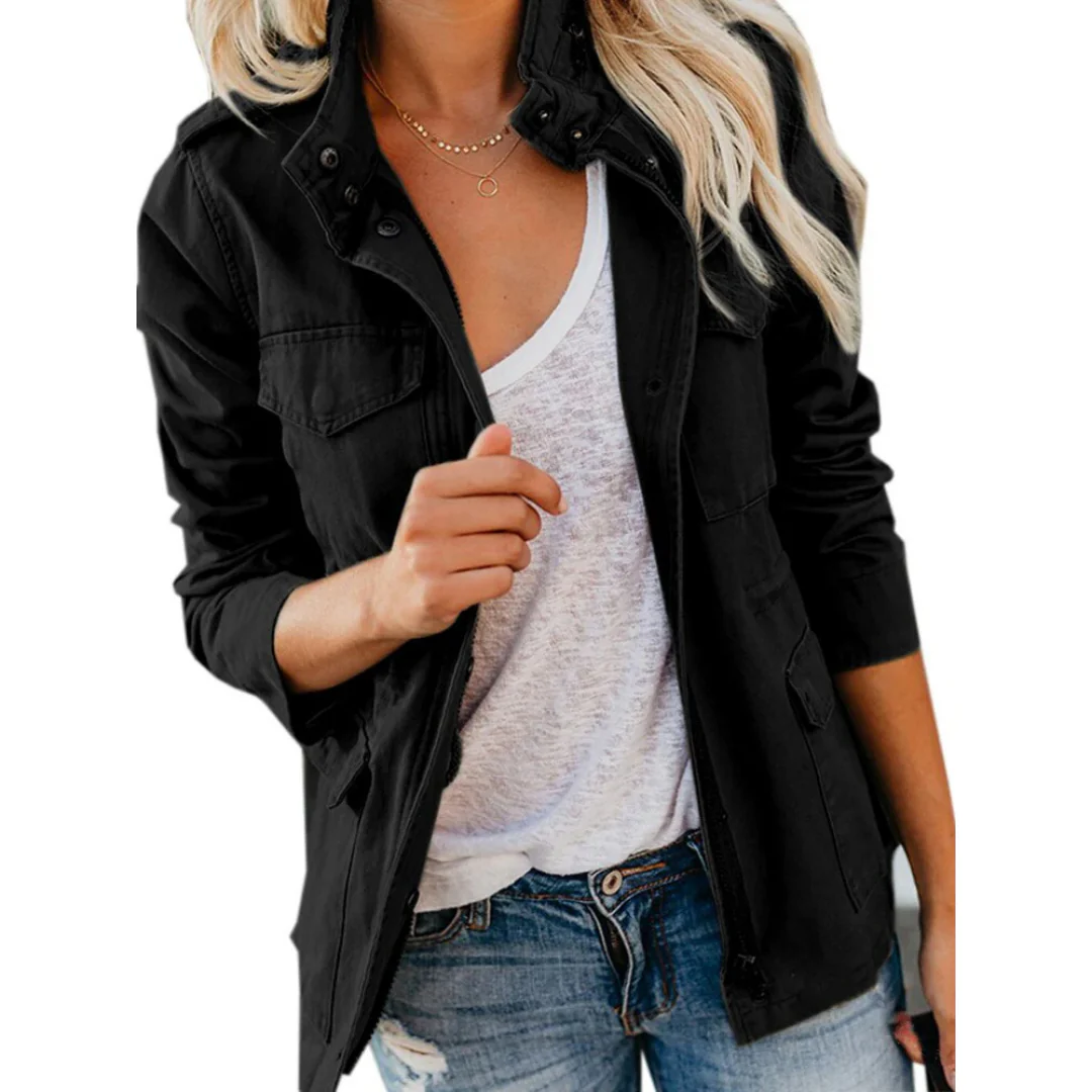 Women's Jacket – Structured Fit – Zipper and Snap Buttons – Cotton – Hip Length
