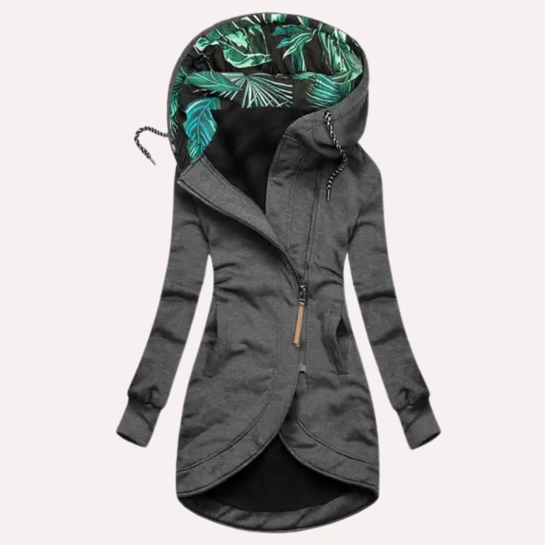 Women's Fleece Jacket – Slim Fit – Hood with Patterned Lining – Asymmetric Zipper